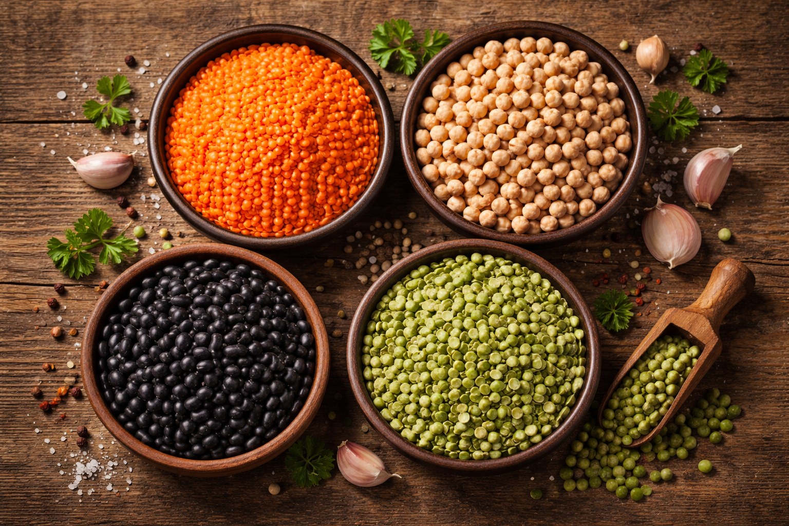 Verschiedene Hülsenfrüchte in Schalen