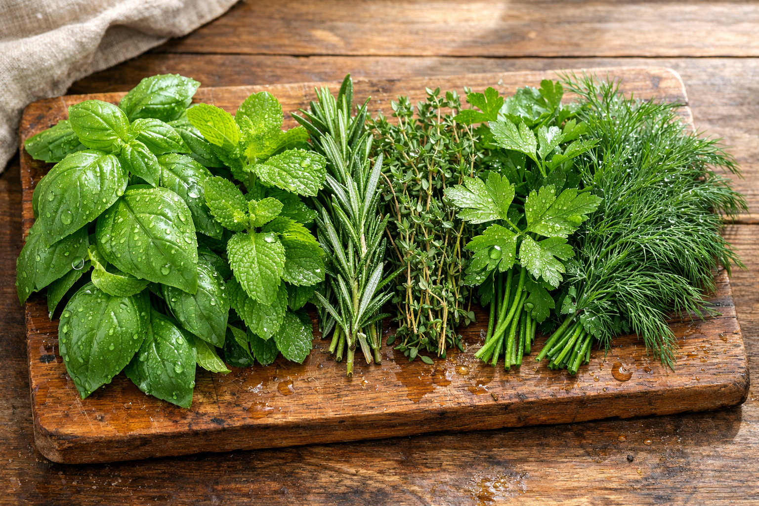 Frische Kräuter auf Holzbrett